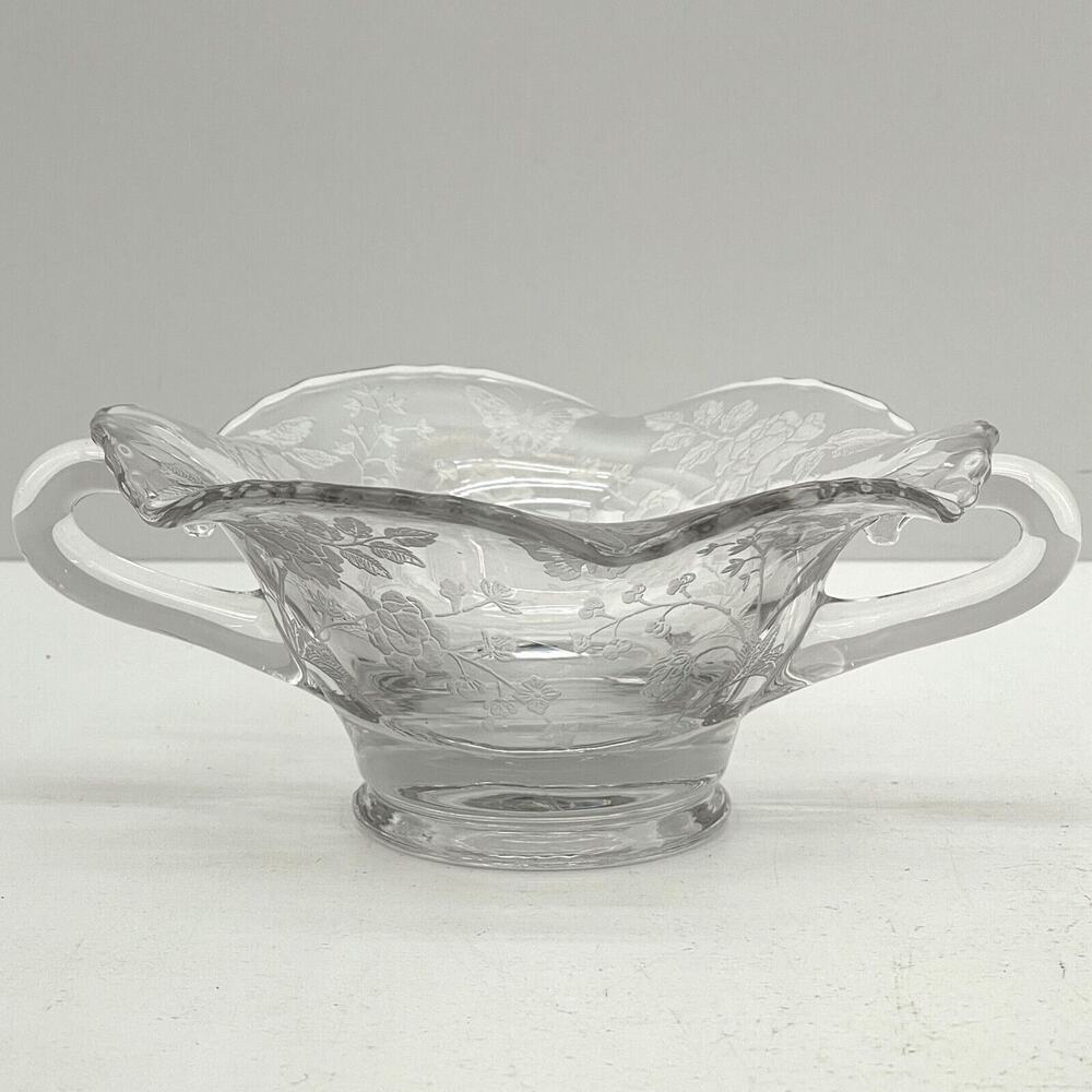 Charmaine Rose Duncan and Miller Glass Double Handled Clear Glass Floral Bowl